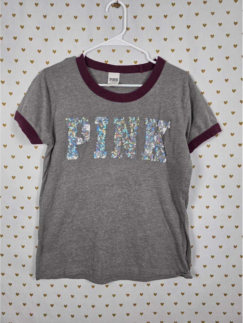 Victorias Secret PINK Ringer Bling Logo Tee shirt sequined Medium